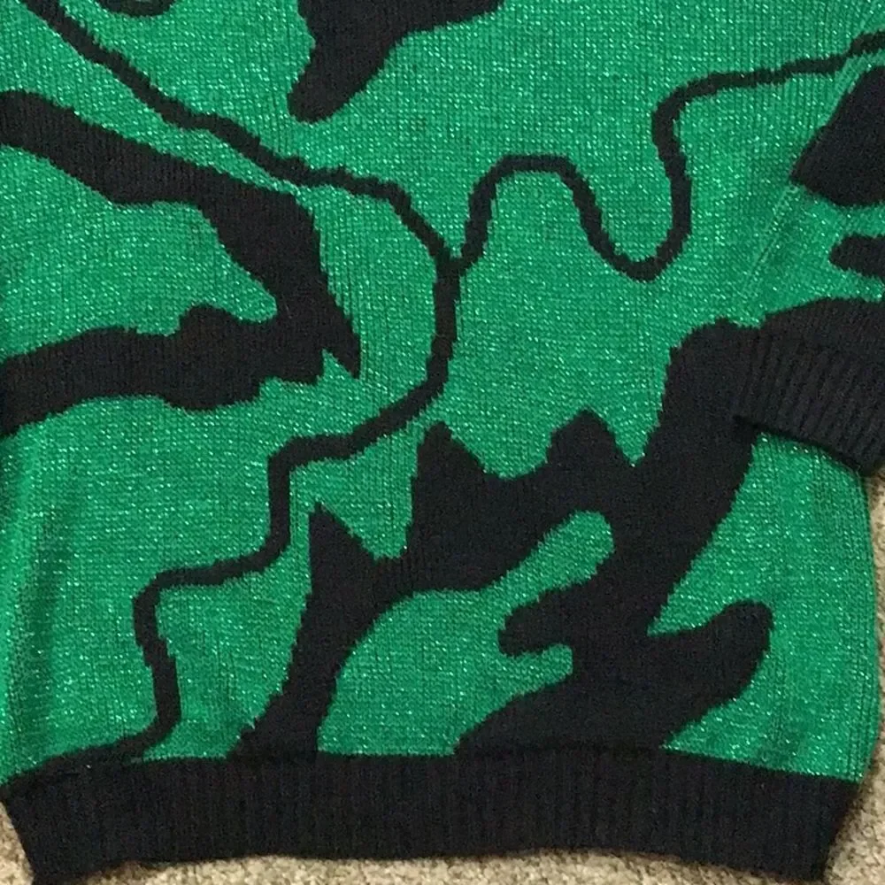Emerald and Black Crew Neck Sweater with Abstract Design No Size Tag Approxi, M